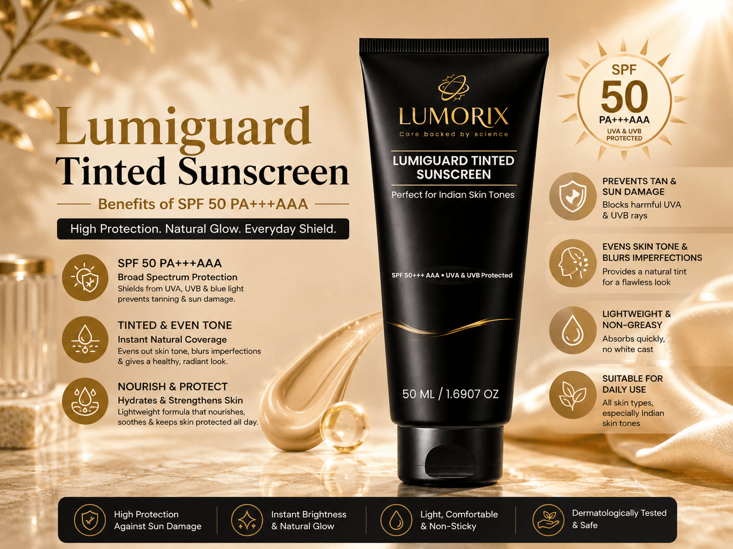 Lumiguard Tinted Sunscreen: Benefits of SPF 50 +++ AAA + UVA & UVB Protection