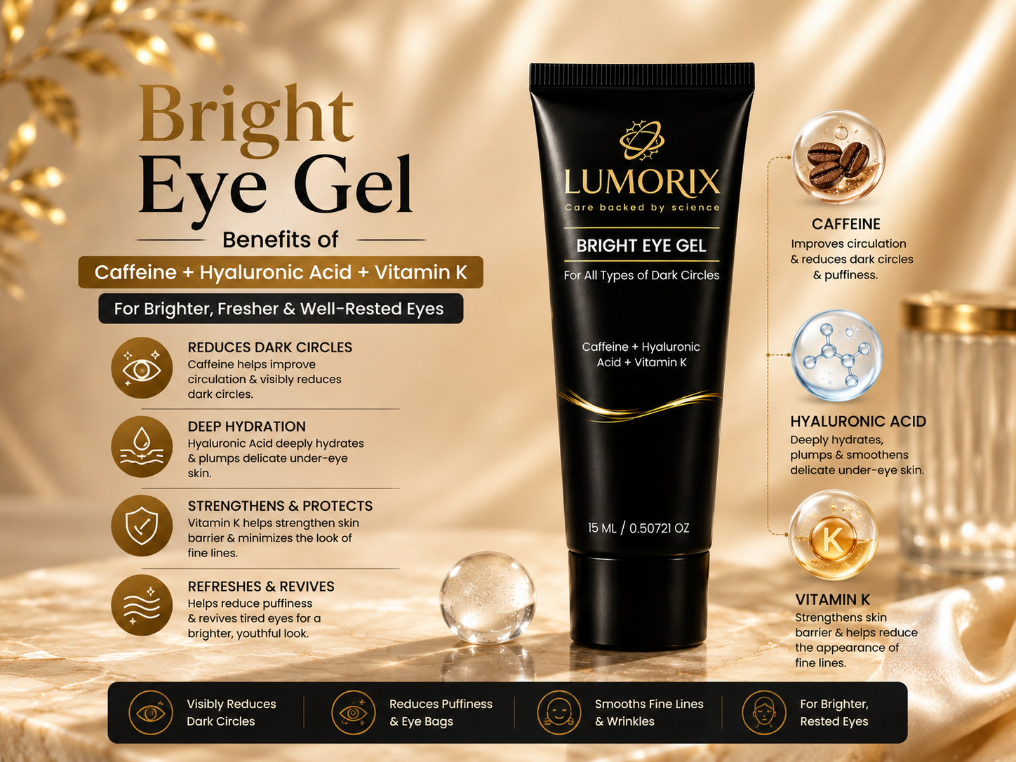 Bright Eye Gel: Benefits of Caffeine + Hyaluronic Acid + Vitamin K
