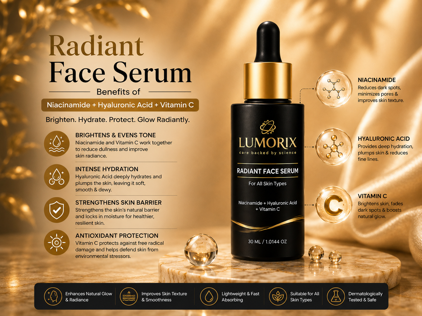 Radiant Face Serum: Benefits of Niacinamide + Hyaluronic Acid + Vitamin C